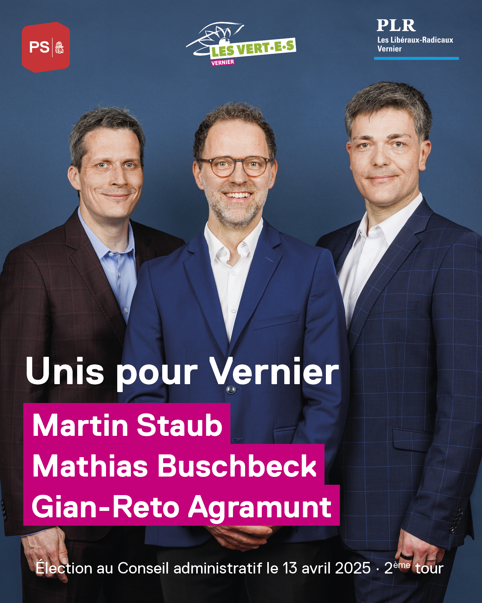 Unis pour Vernier · Martin Staub (PS), Mathias Buschbeck (Ve) et Gian-Reto Agramunt (PLR) ensemble au deuxième tour